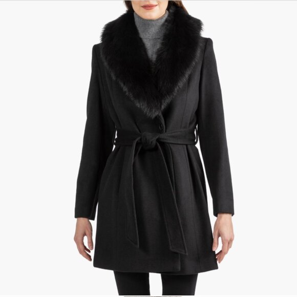 Sofia Cashmere Shearling Collar Wool Blend Wrap Coat - Picture 1 of 9